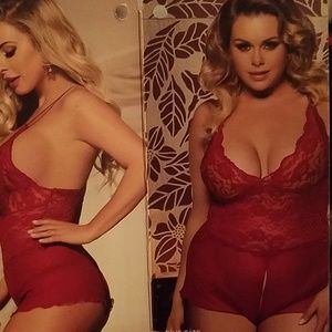 Plus size sheer and lace crotchless romper.